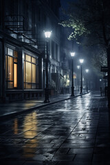 Fototapeta na wymiar A street scene at night with a wet sidewalk and streetlights