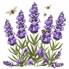 A beautiful illustration showing lavender flowers in bloom with bees busily pollinating, symbolizing spring and growth.