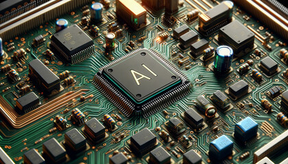  A computer motherboard, featuring an intricate network of circuits and components with an AI microchip in the center