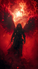 Fiery angel standing under a red sky - An intense depiction of an angelic being with impressive black wings under a dramatic red sky, exuding a sense of power and awe