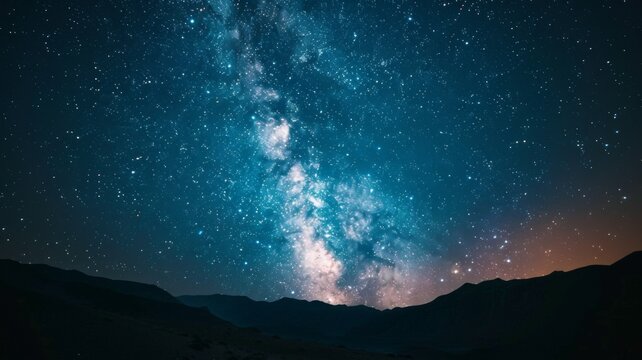 Starry night sky over mountain landscape - Breathtaking view of the Milky Way sprawling across the night sky above silhouetted mountainous terrain
