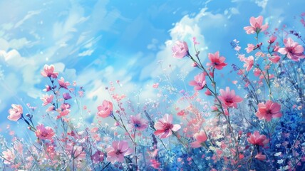 Fototapeta na wymiar Blooming pink flowers under blue skies - Digital art of pink flowers in full bloom with a whimsical blue sky background, representing spring
