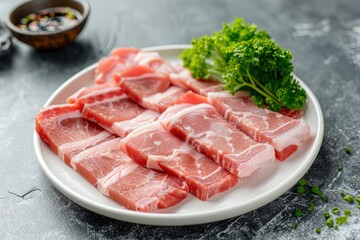 Sliced belly pork for shabu or Japanese hot pot in white plate on grey background - generative ai