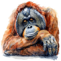 Watercolor painting of a contemplative orangutan resting its head on its hand.