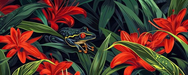Tropical jungle with frog and flowers illustration - obrazy, fototapety, plakaty