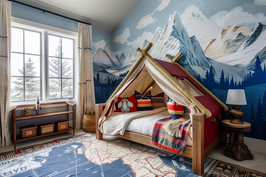 A child's bedroom designed with an adventure theme features a cozy tent bed, mountain wall mural, and explorer-inspired decor.