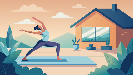 A person doing yoga poses on a mat in their backyard taking advantage of the peace and serenity of nature while getting a workout in. The - obrazy, fototapety, plakaty