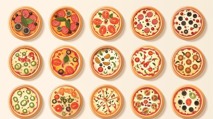 A variety of circular vector design elements highlighting the charm and personality of various pizza offering versatility for creative projects