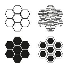 Geometric hexagon patterns set. Abstract honeycomb icons. Black and white hexagonal design. Vector illustration. EPS 10.