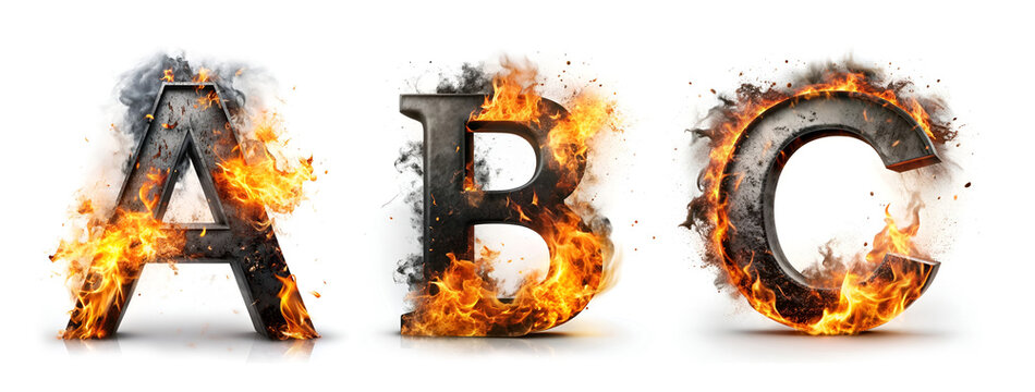 Letters A, B, C. Realistic Black Fire Alphabet: Letters Isolated on White Background
