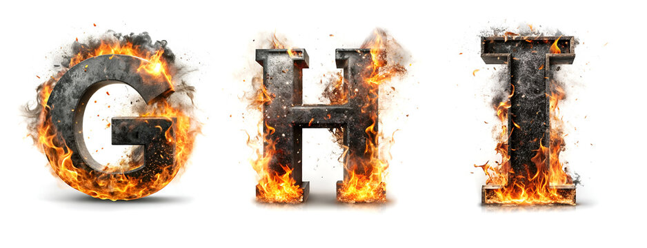 Letters G, H, I. Realistic Black Fire Alphabet: Letters Isolated on White Background
