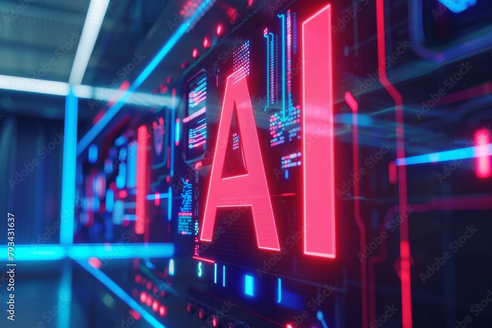 Poster an abstract representation of artificial intelligence (ai) with a bright neon ai sign amidst an adva
