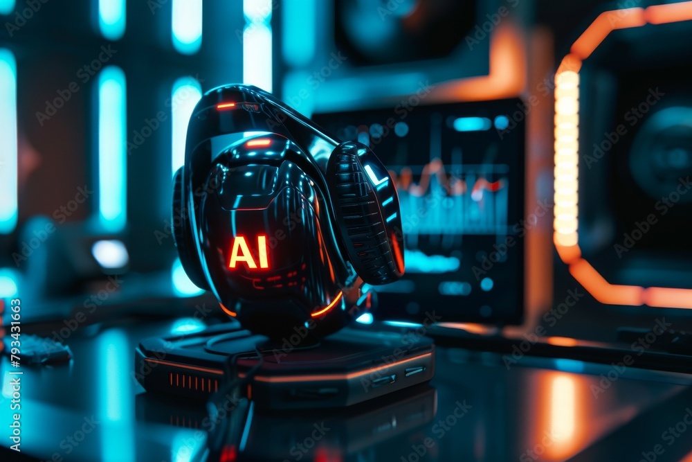 Poster the image features an intricately designed ai helmet with red neon illumination, set against a high-