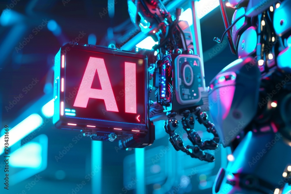 Poster an artificial intelligence illuminated sign held by mechanical robotic arms, signaling advances in r