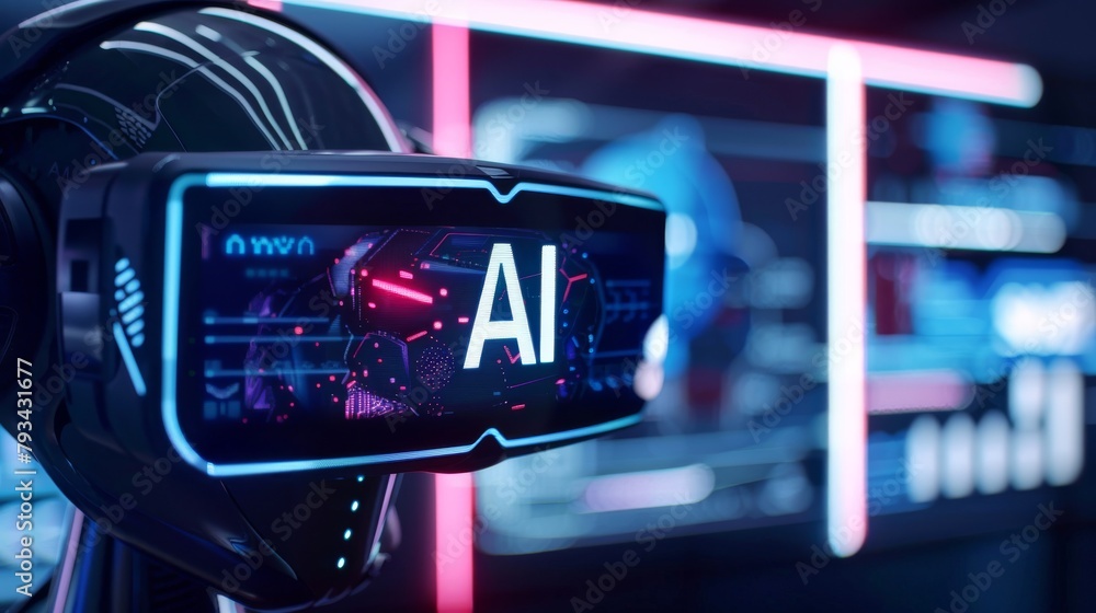 Poster a virtual reality headset with ai branding is displayed in a neon-lit room, emphasizing the fusion o