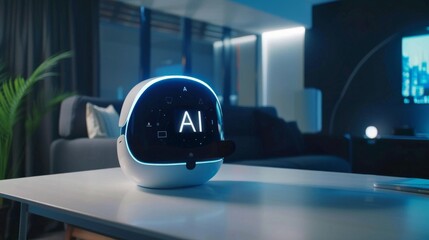 An innovative Artificial Intelligence helmet sits on a table within a well-lit modern room, showcasing the intersection of technology and daily life