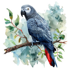 Obraz premium An African Grey Parrot illustrated in watercolor amidst a backdrop of green leaves.