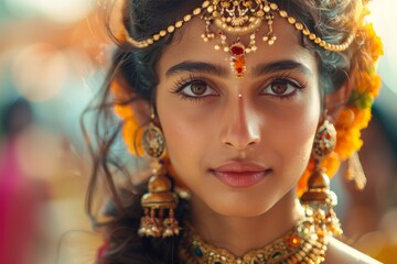 Obraz premium A young Indian girl poses with intricate traditional jewelry and a penetrating gaze