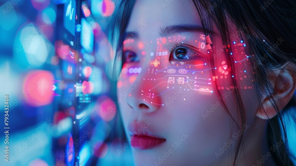 Poster a part of a server rack illuminated by ambient blue light with a partial view of a human figure blur
