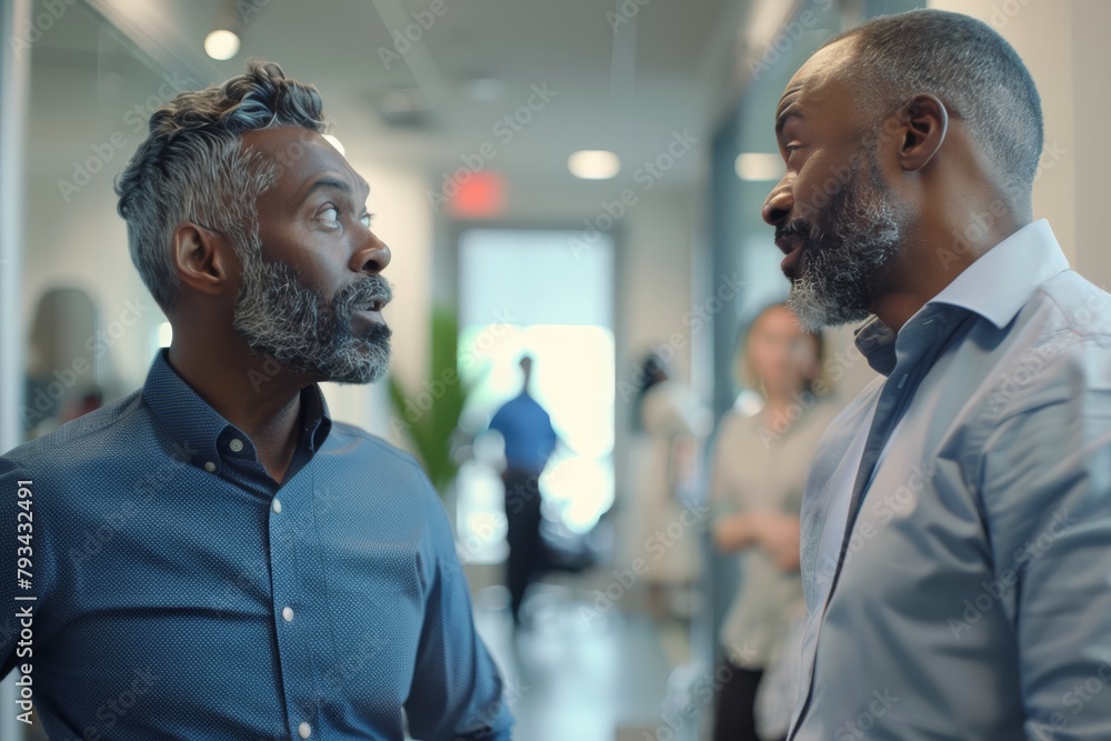 Poster an out-of-focus image capturing a professional interaction between two individuals, reflecting conce