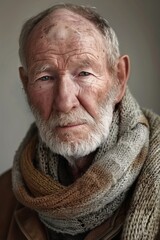 A detailed portrait of an elderly man with a textured face and warm scarf conveying wisdom