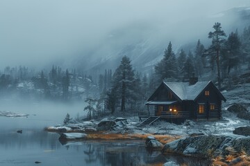 A serene winter scene with a cozy cabin illuminated against a foggy, snowy landscape by a calm lake