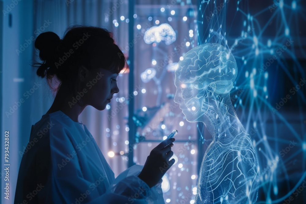 Poster a scientist examines neurological activity via a transparent screen, exploring and visualizing brain