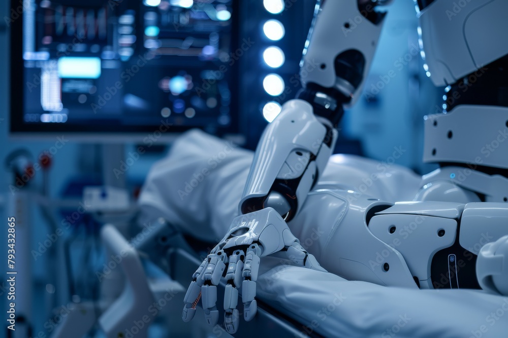 Poster close-up of a futuristic robot in a lab with its hand placed thoughtfully on its chest plate