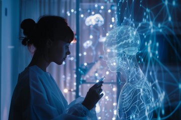 A scientist examines neurological activity via a transparent screen, exploring and visualizing brain functions