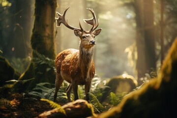 A deer with antlers standing in a forested area, surrounded by grass and trees, capturing a scene of wildlife in its natural habitat