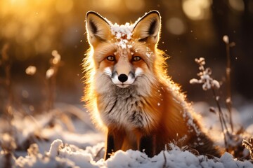 Obraz premium Red fox with red fur A straight-faced stands out against the snowy winter landscape. There is sunlight shining as Rim Light.