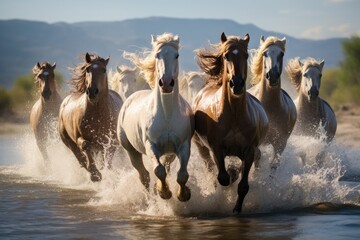 A herd of horses gallops freely through the water in a herd on a sunny beach. - Powered by Adobe