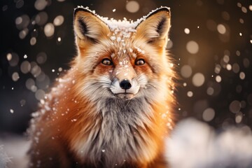 Red fox with red fur A straight-faced smile stands out against the snowy winter landscape. There is sunlight shining as Rim Light.