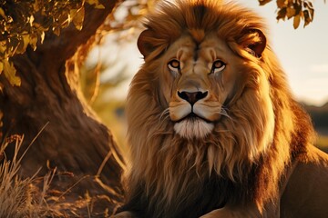 Fototapeta premium A portrait of a lion highlighting its regal face and thick mane, embodying the spirit of a powerful predator and the king of the jungle