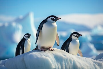 Obraz premium penguins stands on a snow-covered rock in the polar regions, with a backdrop of icy terrain and a cold sea