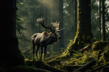 Moose with antlers standing in the middle of a forest area Surrounded by grass and trees Provides a lush, rich and green atmosphere.