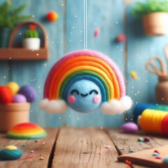 Colorful crocheted characters with a rainbow