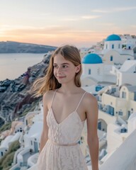 Fototapeta na wymiar Teenage girl on Summer Vacation in Greece, Santorini. European family holiday travel photo concept. Aegean sea and gorgeous island sunset in background.