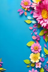 ペーパークラフトの花で飾られた水色の背景、かわいいいレター、招待状