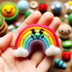 Colorful crocheted characters with a rainbow