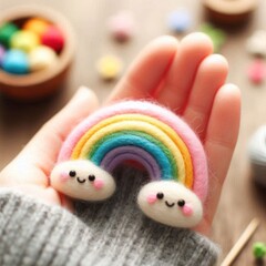 Colorful crocheted characters with a rainbow