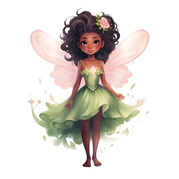 Cute African American girl in a green dress with flowers. Vector illustration.