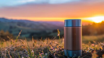 Have a sunrise breakfast, with a travel mug filled with warm coffee as the sun rises - obrazy, fototapety, plakaty