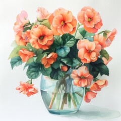 A transparent glass vase filled with blooming orange begonias and green foliage on a light background.