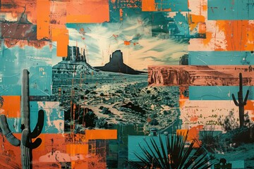 A collage featuring a male figure with a cowboy hat, walking towards a desert landscape with mountains in the distance. The art is stylized with vibrant orange and teal tones.
