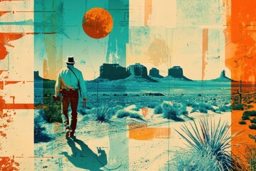 An artistic collage of a desert landscape with prominent rock formations, cactus plants, and a dynamic arrangement of shapes in orange and teal.