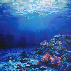 Fototapeta na wymiar Underwater scene with bubbles scene with sun rays
