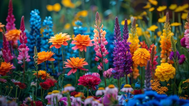 Vibrant field of colorful flowers in bloom - This image features a beautiful field of various flowers fully bloomed displaying a rainbow of colors and a depth of field
