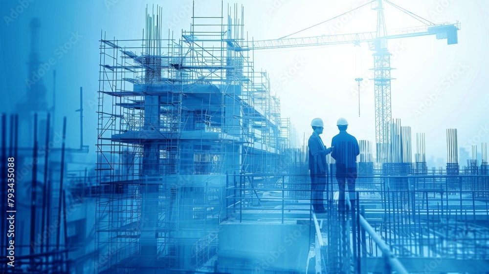 Poster engineers overseeing construction blueprint overlay - two engineers discuss construction plans, with