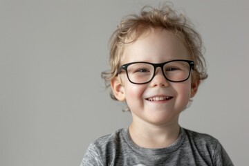 A joyful young child with curly hair, wearing large black-rimmed glasses, smiles broadly against a light background.